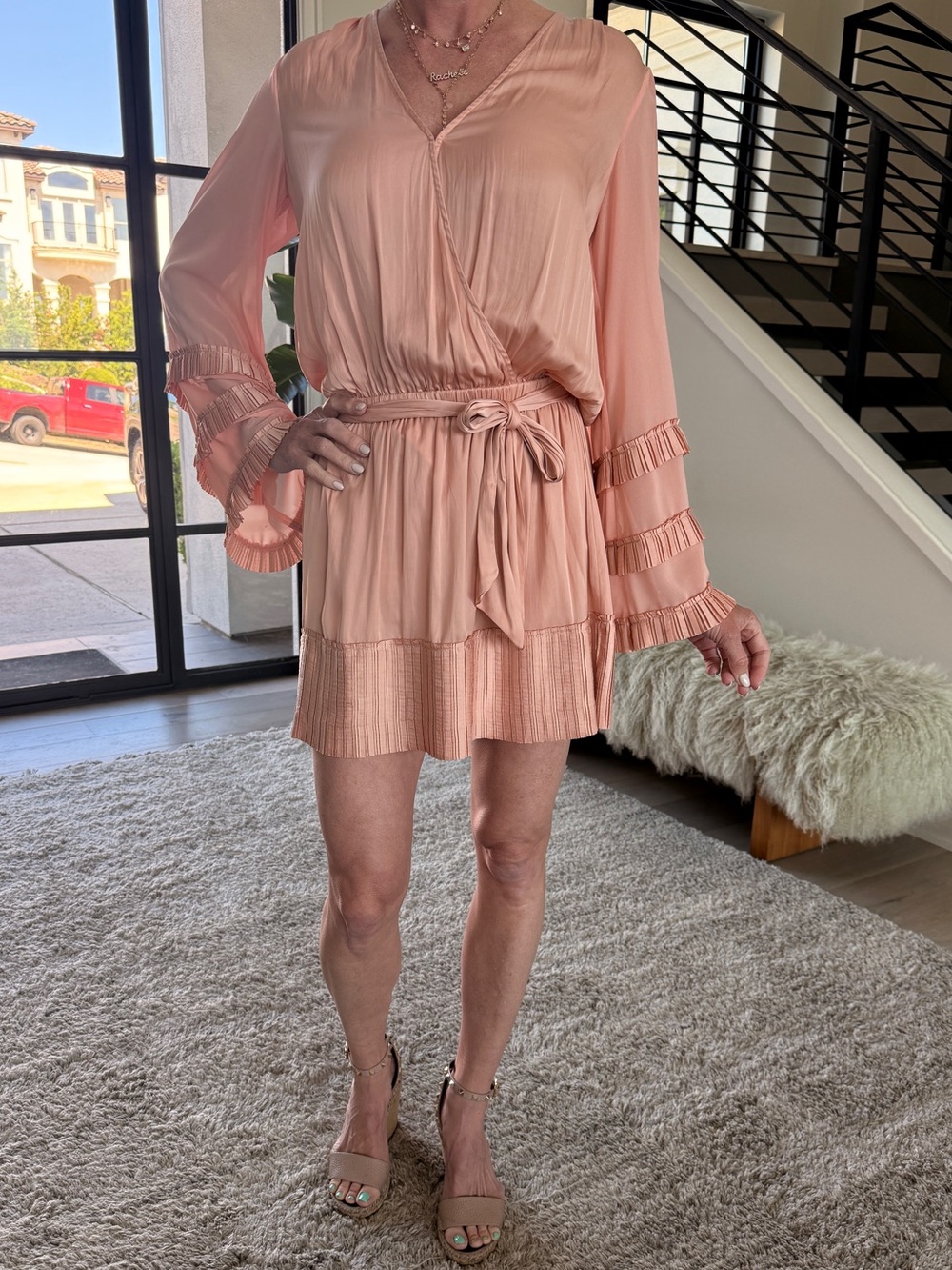 Ramy brook -silk  Ruffle Wrap Mini Dress - Blush Pink XS